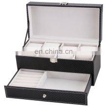 Double Layer 4 Slots Carbon Fiber PU Leather Jewelry Storage Watch Display Box With Drawer thumbnail-2