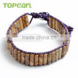 Topearl Jewelry Picture Jasper Fashion Bracelet Woven Leather Wrap Bangle 7.5 Inches CLL124 thumbnail-1