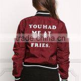 MGOO Foshan Manfuacturer Wine Red Polyester Bomber Jackets Zip Up Custom Back Print Winter Coat With Padded thumbnail-2
