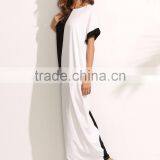 Colorblock Pocket Short Sleeve Maxi Dress 100% Cotton Two Color Contrast Sewing Casual Tee Dress thumbnail-4