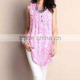 New Summer Women Tops With Pink Floral Notch Neck Pin Tuck Sleeveless Tunic Women Blouse Women Clothing GD90426-23 thumbnail-1