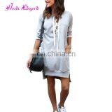 High Quality Gray Hollow v Neck Long Sleeves European Long Sleeve Casual Autumn Dress thumbnail-2