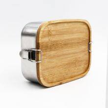 Japan Style Stainless Steel Lunch Box/two Compartments Metal Food Storage Container With Bamboo Lid thumbnail-3