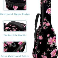 Acoustic Guitar Bag Waterresistant Dual Adjustable Shoulder Strap Guitar Case Bag,Black Pink Flowers and Grass thumbnail-4