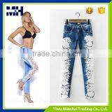 Stitching Lace Denim Trousers Pencil Pants thumbnail-4