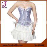 400304 High Quality Satin Brocade Lace Ruffles Blue Corset Top