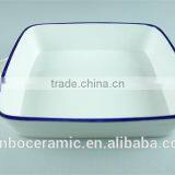 White Blue Line Zakka Style Enamel Ceramic Baking Dish With Handles Rectangular Baking Dish thumbnail-1