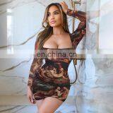 Amazon Hot Sales Autumn Women Fashion U-Neck Printed Casual Dresses Ladies Sexy Long Sleeve Mini Dresses thumbnail-1