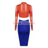 2016 New Summer Orande and Blue Two Pieces Set Mesh Long Sleeve Knee-length Sey Party Night Club Bandage Dress Wholesale thumbnail-3