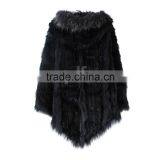 QD0807 Woman Knitted Rabbit Fur Poncho With Raccoon Fur Trim and Bigger Hood thumbnail-5