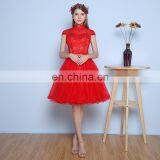 Elegant High Neck Sweet Red Capped A Line Knee-lemgth Tulle Backless Sequins Appliqued Evening Dress thumbnail-1