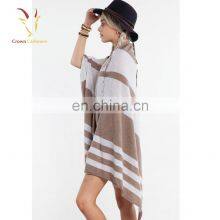Cashmere Wool Knitted Poncho Shawls With Buttons Stripe Color Block Shawl thumbnail-2