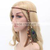 DSHB01 Tribal Hair Band Indian Peacock Feather Pendant Headband Golden Leaves Rope Knitted Belt Elastic Hairband thumbnail-4