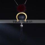 Red Bead Gold Hoop Pendant Long Chain Necklace Black Chain Tassel Necklace Pompon Necklace thumbnail-6