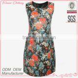 China Supplier Women Woven Garment Factory Ladies' Sleeveless Slim Fit Flora Printed Round-necked Designer One Piece Party Dress thumbnail-1