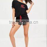 Black Printed Short Pyjama Set Boat Neck Logo T-Shirt With High Waist Running Pants Home Sleepwear thumbnail-2