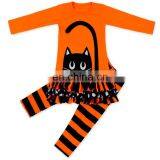 Girls Boutique Outfit Cat Printed Double-deck Floral Stripe Top and Orange Black Stripe Trousers Children Sets thumbnail-1