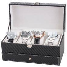Double Layer 4 Slots Carbon Fiber PU Leather Jewelry Storage Watch Display Box With Drawer thumbnail-3