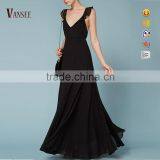 Plain Black Sexy Deep v Lace Short Sleeve Backless Evening Dress thumbnail-1