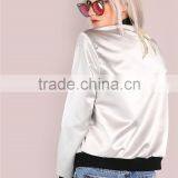 Women Satin Zip Up Jacket Sleek Metallic Bomber Jacket Silver Ribbing Trim Outwear With Side Pockets thumbnail-2