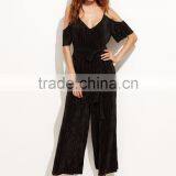 Black Cold Shoulder Self Tie Pleated Jumpsuit Polyester Spandex Half Sleeve V Neck Elegant Jumpsuit Dress thumbnail-2