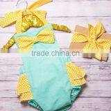 Baby Girls Mint And Yellow Polk Dots Ruffle Bubble Baby Kids Clothes Romper thumbnail-1
