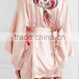 2017 New Style Pink and Red Color Blocking Embroidered Satin Robe With Waist Tie thumbnail-3