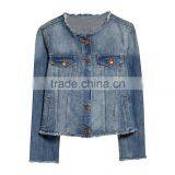 cheap women collarless denim jacket