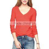 Plain RED Long Sleeve v Collar t Shirt for Womens
