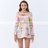 TWOTWINSTYLE Dress For Women Square Collar Long Sleeve Backless Print Hit Color Hollow Out Mini thumbnail-4