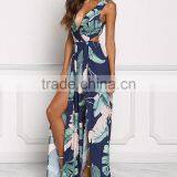 Navy Tie Back Leaf Print Women Maxi Long Party Dress Girls Without Dress Sex Picture HSd5187 thumbnail-3