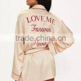 Nude PiPed Bridesmaid Satin Robe Embroidered Custom Logo Tie Waist Pyjamas Set Longline Shirt Dress Button thumbnail-5