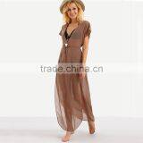 Latest Design Ladies Brown Drawstring Waist V Neck Split Dresses Summer Beach Wear Sexy Short Sleeve Long Maxi Dress thumbnail-4