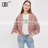 Lapel Collar Fringed Short Coat Womens Faux Suede Tassel Bomber Jacket thumbnail-1