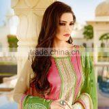 New Lite Salmon Color Straight Cut Bottom Cream Embroidery Border New Cream Design Designer Semi Stitch Salwar Kameez thumbnail-1