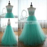 Beautiful a line sleeveless floor length tulle and lace turquoise prom dress JPD064