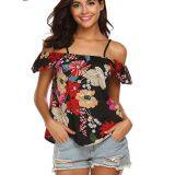 Spaghetti Strap Floral Printed Off Should Blouse thumbnail-4