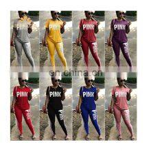 Custom Pink Letter Print Sweatsuit Women Set Plus Size Set Short Sleeve Tops Skinny Pant Tracksuit Fall Casual 2 Piece Set thumbnail-1