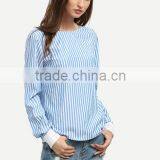 Blouses Latest Fashion Design Women Clothing Blue Striped Tie Back Backless Long Sleeve Blouse thumbnail-3