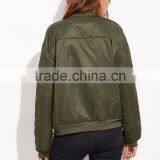 Olive Green Patch Bomber Jacket Wholesale Custom 100% Polyester Lovely Pins Ribbed Trim Satin Winter Jacket thumbnail-4