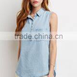 Fashion Sleeveless Lightweight Fabric Denim Shirt,collared Shirt With Patch Pocket thumbnail-2