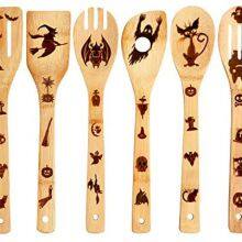 6Pcs Halloween Bamboo Wooden Spoon Set Burn Bamboo Kitchen Cooking Utensils Set Wooden Spatulas Spoons for Cooking Christmas Halloween Gifts thumbnail-1