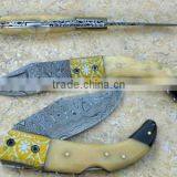A SCENIC HANDMADE ENGRAVED HANDMADE, DAMASCUS STEEL LINER LOCK FOLDING KNIFE thumbnail-1