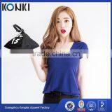 Lady's v Neck Curved Hem Cotton Tee Shirt Blue Color Customized Bulk Wholesale Printing Tee Shirt thumbnail-2