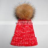 Newest style knitted women hats with real raccoon fur pom pom