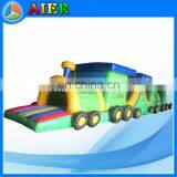 Newly train shape inflatable obstacle course, green color little train inflatable obstacle, train inflatable tunnel obstacle