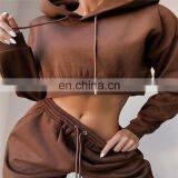 Women Causal Plain Loose 2 Pieces Drawstring Jogger Sweatpants Crop Hoodie Set thumbnail-3