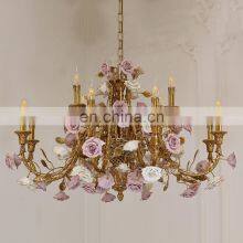 French Luxury Living Room Dining Room Villa Brass Ceramic Flower Romantic Copper Chandelier thumbnail-3