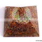 Big Orgonite Yellow Aventurine Pyramid With Flower Of Life Symbol And Crystal Point