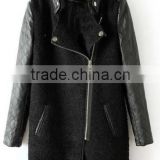 Black Contrast Leather Quilted Sleeve wool Zipper Coat